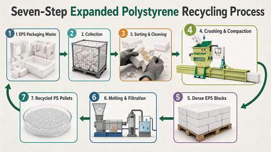 Seven-step expanded polystyrene recycling process from EPS packaging waste to recycled polystyrene pellets